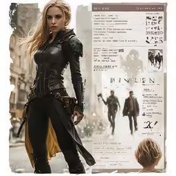 a female in a black leather outfit next to a man in an iron armor