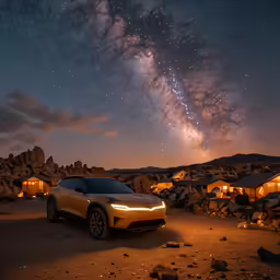 a car parked in front of mountains under a star filled sky