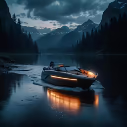 a boat in the water is floating towards an illuminated area