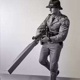 a man dressed in a police uniform is holding a sword