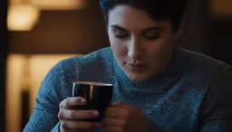 a woman holding a cup looking at the camera