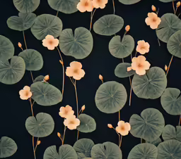 lotus leaves and pink flowers growing from dark pond