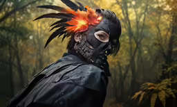 the man is wearing a black and red feather headpiece