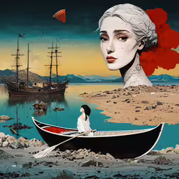 a woman sitting on a boat with an orange bird flying above her,a lady sitting on a boat in front of a large painting