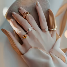 a woman holding her hand up to the camera with three rings