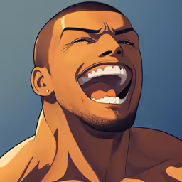 the young man smiles as he looks upward with his head tilted