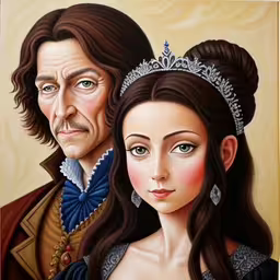 an oil painting of a woman and a man,an artistic painting of two people in tiaras
