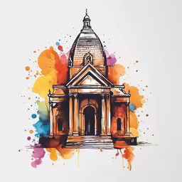 a watercolor drawing of a church with a clock on the top