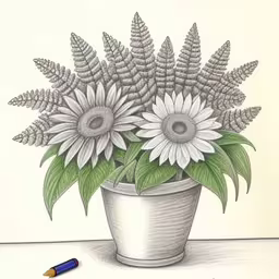 pencil drawing of sunflowers and ferns in a vase,a drawing of a plant with flowers in it,this is a drawing of some flowers in a vase,a drawing of some flowers in a pot,a drawing of some flowers and some leaves