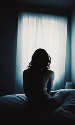 a woman that is laying in bed next to a window