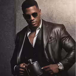 an attractive man is holding a gun and a flask
