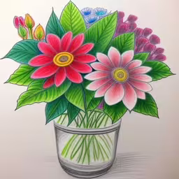 the flowers are in the vase with long green leaves,a drawing of a flower arrangement in a vase with flowers,a drawing of a vase filled with flowers,a drawing of flowers in a glass on a white background,a colored drawing of flowers in a vase