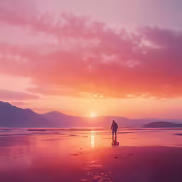 a lone person stands on the beach during sunset