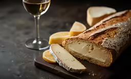 slices of bread are sitting next to a glass of wine