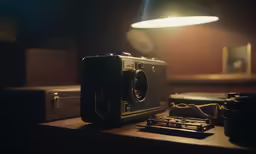 an old camera and lens on a table