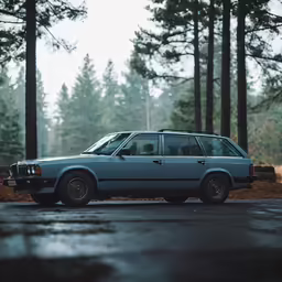 a blue car is parked on a road near some trees
