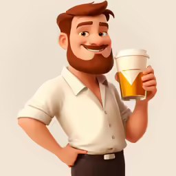 a cartoon man holds a glass in front of his face