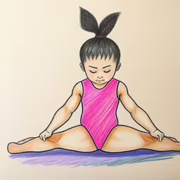a drawing of a girl doing yoga with her legs crossed,a drawing of a woman with black hair and a pink leotard
