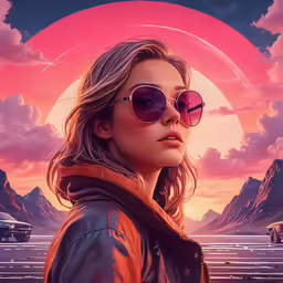 an animated character with sunglasses and a red and pink sky