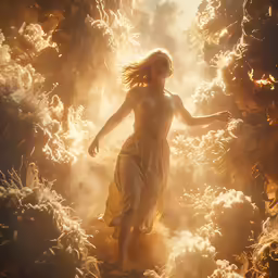 a woman in a dress in a cloud of smoke