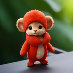 the small red stuffed animal is standing on the table