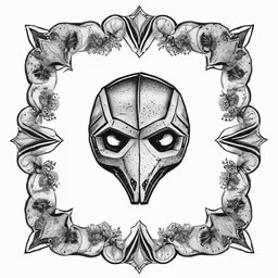 a black and white drawing with an alien face in the center