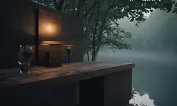 two glasses are on a table near a lamp