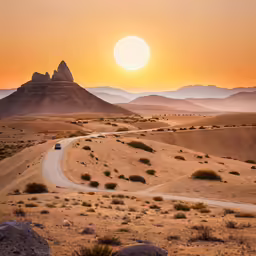 a truck driving down a rural road at sunset