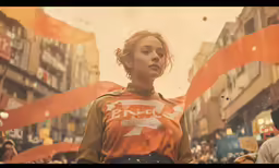 a woman wearing a uniform while walking through a city