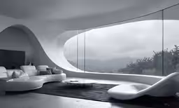 the living room features a curved window and white furniture