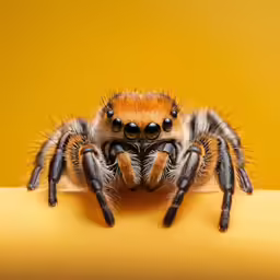 a large orange spider is sitting on top of a yellow object