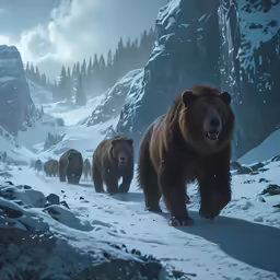 a large brown bear walking in snow with other bears behind him