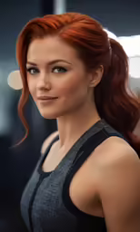 a beautiful redhead woman with a large breast posing for a photo