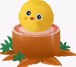 a cartoon chicken in a pot that is on top of a flower pot,a yellow toy bird sits in an orange pot