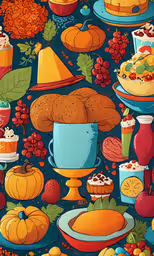 a colorful illustration of various foods and drinks,an artistic painting shows oranges, oranges and other food items
