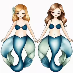 a drawing of two young girls in blue swimsuits, one mermaid, the other a mermaid tail