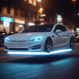 a white car is driving down the street