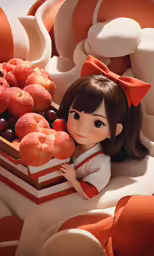 a little girl that is laying down next to fruit