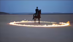 a person on a horse riding through fire