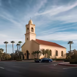 a church with cars parked on the side in front