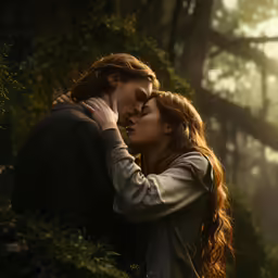 a couple standing next to each other in the woods