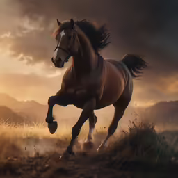 a brown horse galloping through some grass and dirt