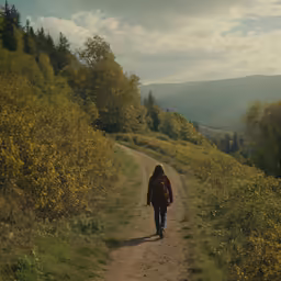 woman walks down a path along a dirt road