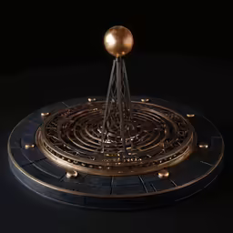 a gold ball and golden circles on top of a black surface