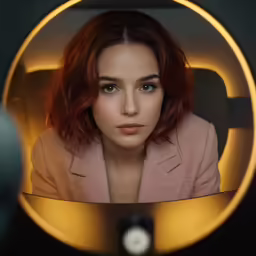 a woman looks over her shoulder with a circular light in the background