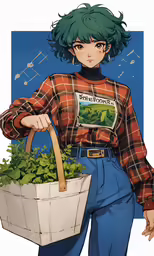a woman is holding a basket of plants