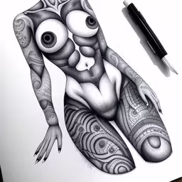 an abstract drawing on paper of a woman,a drawing of a nude woman surrounded by circles and a clock,a drawing of an alien with two eyes on the chest,a drawing of a woman made of tattoo art,an image of a female body with eyes drawn on it
