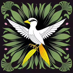 an ornate illustration of a bird on a twig,a drawing of a white bird sitting on top of a green leaf