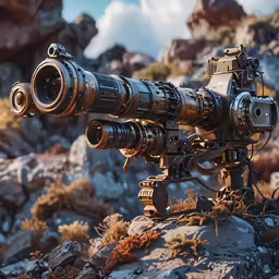 an old camera sitting on top of a pile of rocks