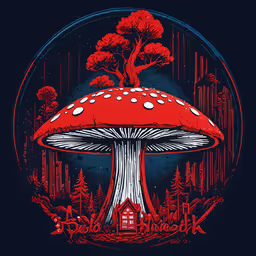 a painting of a mushroom with trees and a house inside,a red mushroom with trees and a house